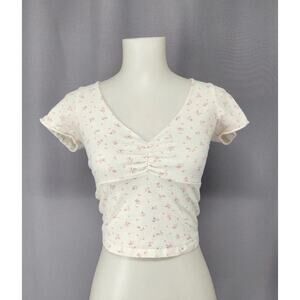 Brandy Melville Floral Shirt Womens Small White V Neck Cropped Stretch Boho Y2k
